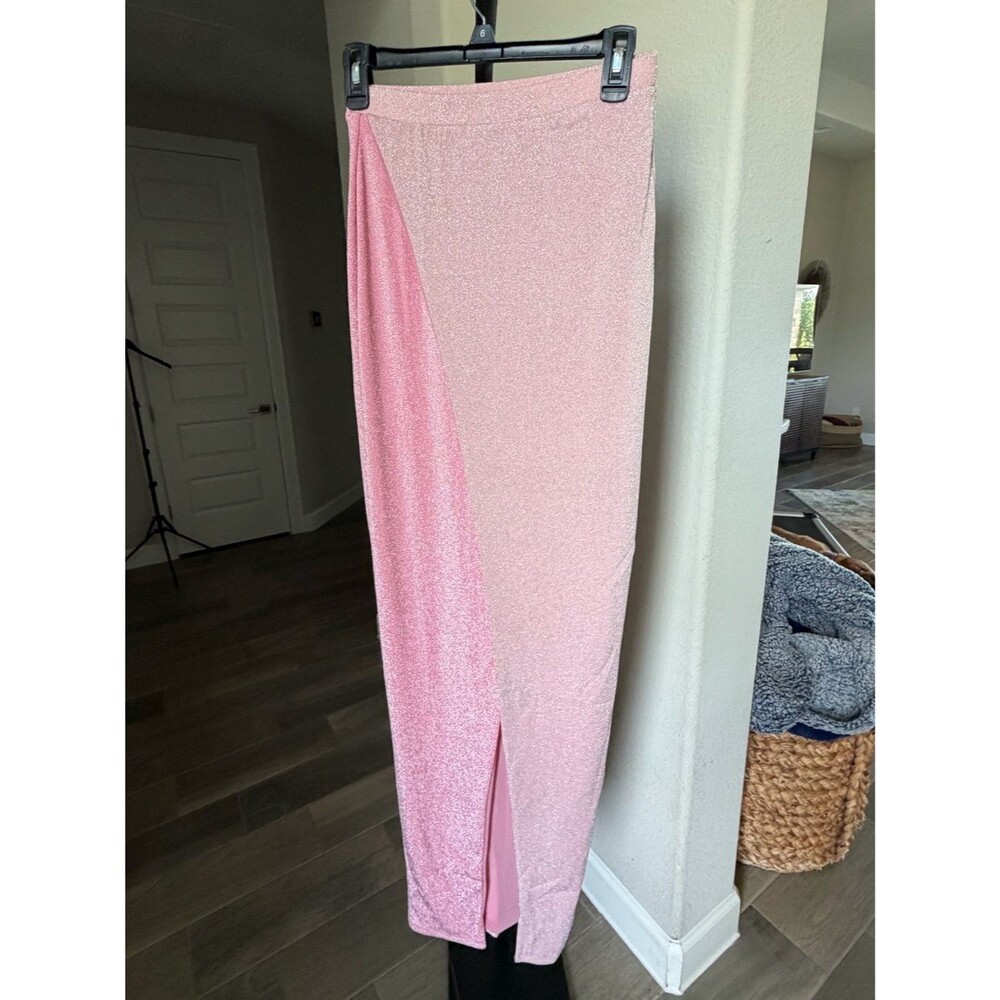 naked wardrobe Pink Glitter Two-Town  Maxi Skirt Front Slit  M